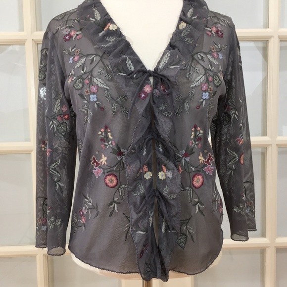 J. Jill Tops - J.Jill Embroidered Floral Sheer Blouse Fluted Sleeve Top XS